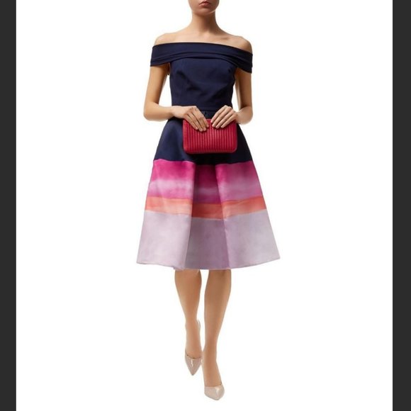 Ted Baker blue pink Hollii off-the-shoulder stripe Jacquard Dress size 1 nwot - Picture 2 of 12